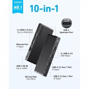 USB-C Hub Anker, 1 x USB-A 3.0 - 2 x USB-A - 3 x USB-C - 2 x HDMI - 1 x RJ45 - 1 x SD, Fekete A83A2G11-3