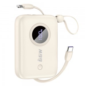 Dudao K14 10000mAh powerbank beépített USB-C / Lightning kábelekkel - bézs