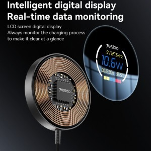 Yesido Vezeték nélküli Töltőállomás (DS28) - Mágneses Markolat, Digitális Kijelző, Gyors Töltés, 15W, Type-C Kábel, 1.2m - Fekete-5