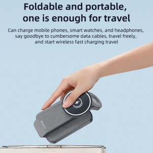 Yesido – Vezeték nélküli töltőállomás (DS26) – Mágneses, telefonhoz, órához, fülhallgatóhoz, összecsukható, állvány, éjjeli fény, 15W – Szürke-7