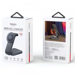 Yesido – Vezeték nélküli töltőállomás (DS26) – Mágneses, telefonhoz, órához, fülhallgatóhoz, összecsukható, állvány, éjjeli fény, 15W – Szürke-8