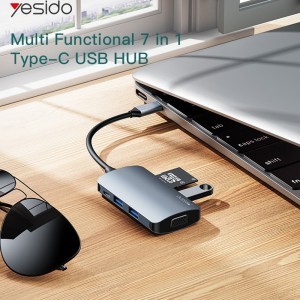 Yesido - Dokkolóállomás 7 az 1-ben (HB16) - Type-C 1x USB3.0, 2x USB2.0, TF/SD Kártya, 1x VGA, 1x Type-C, 5Gbps, PD100W - Szürke-2