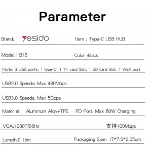 Yesido - Dokkolóállomás 7 az 1-ben (HB16) - Type-C 1x USB3.0, 2x USB2.0, TF/SD Kártya, 1x VGA, 1x Type-C, 5Gbps, PD100W - Szürke-8