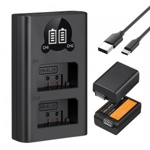 K and F Concept K&F Concept hordozható dupla USB-C akkumulátor MH-32 töltő + 2db EN-EL25 akkumulátor 1600mAh