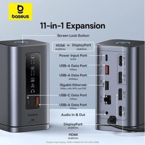 Baseus Spacemate 11in1 HUB (B00568101813-00) - USB-C 2xHDMI, 2xDP, 3xUSB, 2xUSB-C, RJ45, Jack - Űrszürke-4