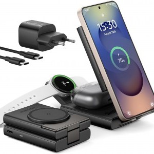 SURITCH 3in1 töltőállomás Samsunghoz, 15W összecsukható vezeték nélküli – Galaxy S26/S25/S24/S23/S22/S21/Z, Galaxy Watch 7/6/5/4/3 és Galaxy Buds, fekete (EU)
