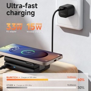 SURITCH 3in1 töltőállomás Samsunghoz, 15W összecsukható vezeték nélküli – Galaxy S26/S25/S24/S23/S22/S21/Z, Galaxy Watch 7/6/5/4/3 és Galaxy Buds, fekete (EU)-1