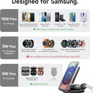 SURITCH 3in1 töltőállomás Samsunghoz, 15W összecsukható vezeték nélküli – Galaxy S26/S25/S24/S23/S22/S21/Z, Galaxy Watch 7/6/5/4/3 és Galaxy Buds, fekete (EU)-5