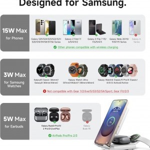SURITCH 3in1 töltőállomás Samsunghoz, 15W összecsukható vezeték nélküli – Galaxy S26/S25/S24/S23/S22/S21/Z, Galaxy Watch 7/6/5/4/3 és Galaxy Buds, fehér (EU)-4