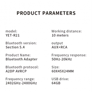 Bluetooth 5.4 R21 vezeték nélküli audió vevő, AUX csatlakozóval, autós és TV-s zenelejátszáshoz, RCA-5