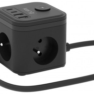 KERG Smart 2-aljzatú elosztó USB-A + USB-C töltővel és LED fénnyel fekete-1