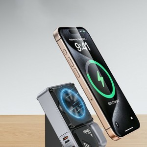 Yesido - Powerbank (YP89) - Mágneses, Gyors töltés, USB, Lightning, Type-C, Beépített állvány, LED fények, 10000mAh, 22.5W- Szürke-4