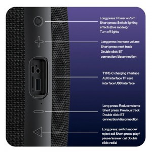 Yesido - Vezeték nélküli Hangszóró (YSW38) - Bluetooth 5.3, RGB Világítás, TWS, TF Kártya, USB, AUX, 2000mAh, 30W - Fekete-5