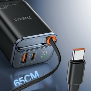 Yesido - Fali töltő (YC100) - USB, Type-C, GaN, Gyors töltés, Digitális kijelző, 67W, Visszahúzható Type-C kábel, 65cm - Fekete-2