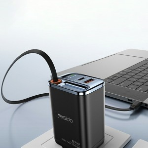 Yesido - Fali töltő (YC100) - USB, Type-C, GaN, Gyors töltés, Digitális kijelző, 67W, Visszahúzható Type-C kábel, 65cm - Fekete-5