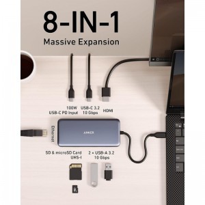 USB-C Hub Anker 555, 2 x USB-A 3.2 - 2 x USB-C - 1 x HDMI - 1 x RJ45 - 1 x SD - 1 x microSD, Szürke-1