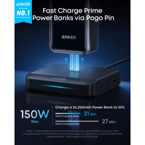 Anker Asztali Töltő Powerbank Prime, 150W, 5A, 1 x Pogo Pin - 1 x USB-A - 2 x USB-C, Fekete A1903G11-2