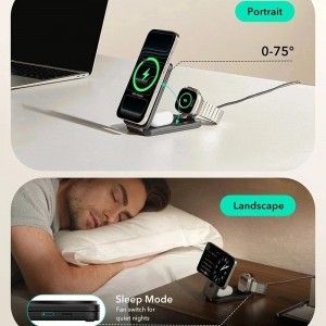 ESR - CryoBoost 3in1 Töltőállomás (2C569A) - Apple Eszközökhöz, 50W Adapterrel, Összehajtható, Gyors Töltés, Qi2, 35W - Fekete-6