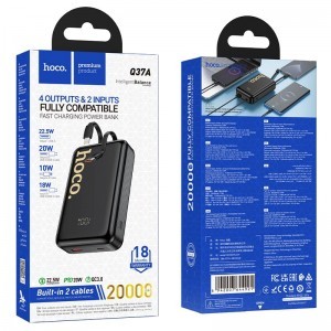Hoco Q37A 20000 mAh QC PD 22,5W beépített USB-C + Lightning kábelekkel powerbank fekete-8