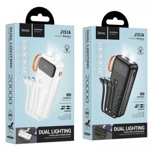 Hoco J151A 20000 mAh 2A powerbank beépített USB-A + USB-C + Lightning + Micro USB kábelekkel és dupla lámpával, fekete-7