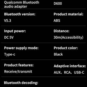 D600 alacsony késleltetésű 2 az 1-ben Bluetooth 5.3 AUX adapter vevő és adó párosítással-9