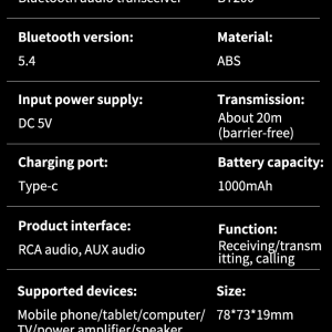 BT200 Bluetooth 5.4 audio adapter 2 fejhallgatóhoz – 2 az 1-ben transmitter és receiver-16