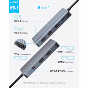 USB-C Hub Anker, 3 x USB-A 3.0 - 2 x USB-C - 2 x HDMI - 1 x VGA, Szürke A83790A2-1