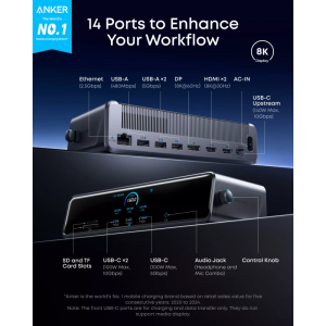 Anker Prime Hub, 3 x USB-A - 4 x USB-C - 1 x DisplayPort - 2 x HDMI - 1 x Jack 3.5mm - 1 x RJ45 - 1 x SD - 1 x microSD, Szürke A83B33A1-8