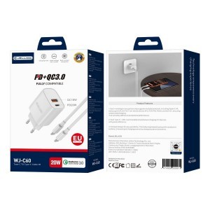 JELLICO fali töltő WJ-C60 PD 20W 1xUSB-C + 1xUSB QC3.0 + USB-C - USB-C kábel Fehér