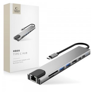 Tech-Protect HB09 8 az 1-ben Type-C / USB-C hub adapter Type-C + USB-A 3.0 + USB-C 3.0 + HDMI 4K 60Hz + SD/TF + PD 100W + RJ45 1000 Mb/s asztroszürke