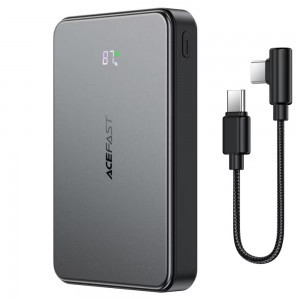 Acefast - Mágneses Vezeték Nélküli Powerbank (M31) - Type-C Kábellel, MagSafe, Gyors Töltés, 2xUSB-C, LED, 10000mAh, 22.5W - Fekete