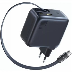 Hálózati USB-C töltő adapter Baseus EnerCore CJ11, 100W, 5A, 1 x USB-C - 2 x USB-C, USB-C kábellel, fekete E0120M00