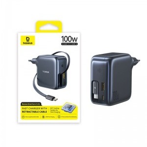 Hálózati USB-C töltő adapter Baseus EnerCore CJ11, 100W, 5A, 1 x USB-C - 2 x USB-C, USB-C kábellel, fekete E0120M00-2