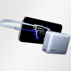 Ugreen PB584 10000 mAh Power Bank, USB + USB-C, 33 W, beépített kábellel (szürke)-6