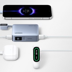 Ugreen PB584 10000 mAh Power Bank, USB + USB-C, 33 W, beépített kábellel (szürke)-4