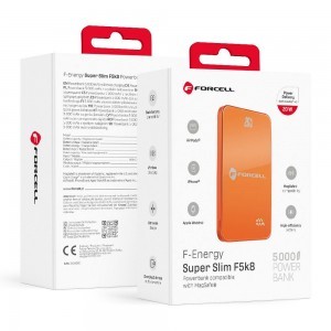 Narancssárga Forcell F-Energy SuperSlim F5K8 MagSafe-kompatibilis powerbank QC4.0 PD3.0 15W 5000 mAh