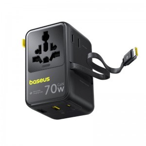 Baseus EU, UK, US, AU utazó EnerCore CG11 hálózati USB-C töltő adapter, 70W, 10A, 1 x USB-C - 2 x Schuko - 2 x USB-A, USB-C kábellel, fekete