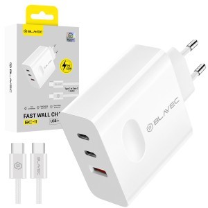 Blavec fali töltő BC-11 GaN - USB + 2xType C - QC PD 65W 3A Type C - Type C kábellel (TCBC11G-U2CW653A) fehér