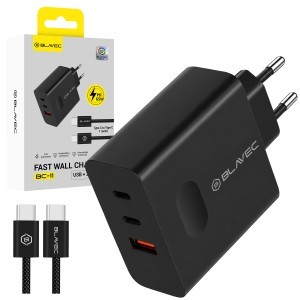 Blavec fali töltő BC-11 GaN - USB + 2xType C - QC PD 65W 3A Type C - Type C kábellel (TCBC11G-U2CB653A) fekete