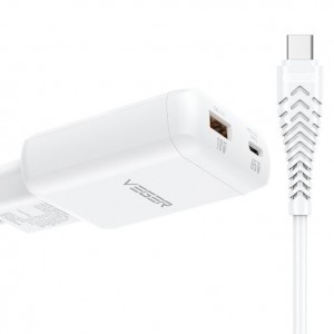 VEGER TR122 fehér USB-A + USB-C PD 65W hálózati töltő adapter + USB-C - USB-C 100W adatkábel