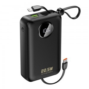Dudao K14+ 22,5W 20000 mAh Powerbank beépített type-C és lightning kábellel fekete
