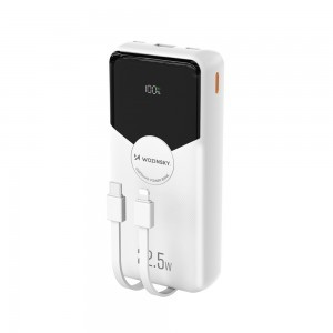 Wozinsky WFC-15W 20000mAh 22.5W PD20W Powerbank beépített Lightning és USB-C kábelekkel - Fehér