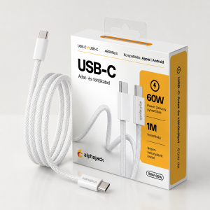 Alphajack USB-C USB-C 1MW- 60W adat és töltő kábel fehér 1m