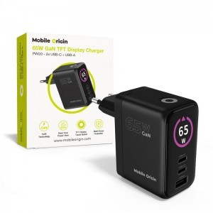 Mobile Origin PW20 65 W GaN hálózati töltő kijelzővel, 2× USB-C és USB-A, fekete