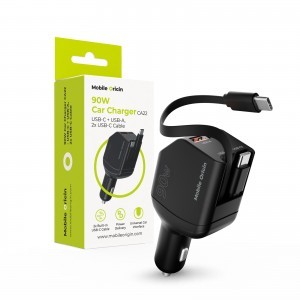 Mobile Origin CA22 90 W-os autós töltő USB-C és USB-A csatlakozóval, 2 db USB-C kábellel, fekete
