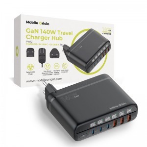 Mobile Origin PW12 GaN 140W utazási töltőállomás EU/UK/US adapterekkel, 3x USB-C + 3x USB-A
