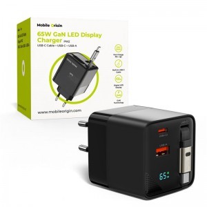 Mobile Origin 65 W-os GaN PW2 kijelzős hálózati töltő felcsévélhető USB-C kábellel, USB-C és USB-A csatlakozóval