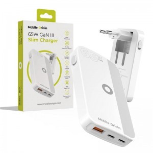 Mobile Origin 65 W GaN III Slim hálózati töltő 2× USB-C és USB-A csatlakozóval, fehér