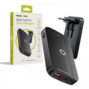 Mobile Origin 65W GaN III Slim hálózati töltő 2× USB-C és USB-A csatlakozóval, fekete