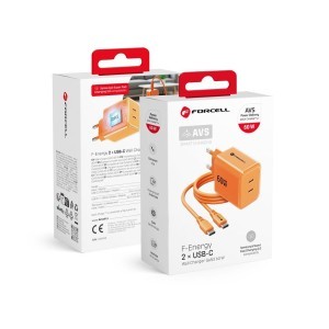 Forcell F-Energy GaN III Crystal Color 60 W-os hálózati töltő 2× USB-C csatlakozóval és USB-C–USB-C szilikonkábellel, narancssárga, VT-60